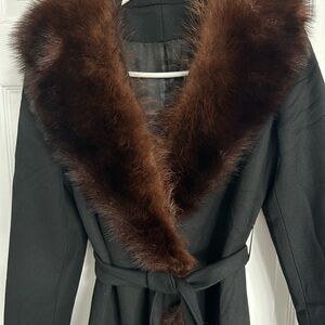 Black Wool Coat with Brown Fox/Mink Fur Collar and Trim